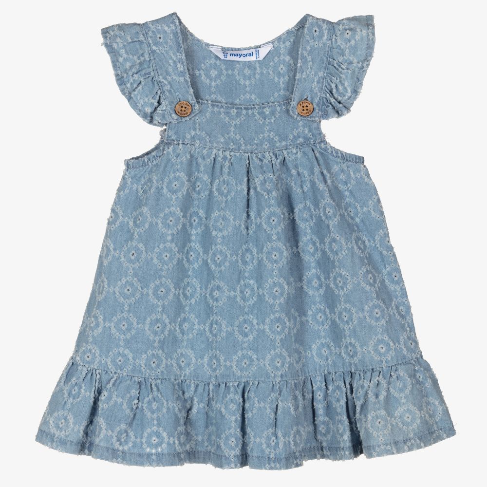 Mayoral - Blaues Chambray-Kleid mit Lochstickerei | Childrensalon