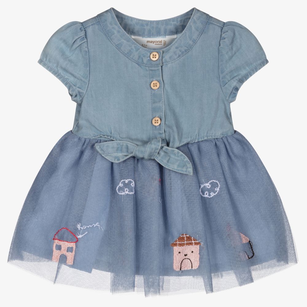 Mayoral Newborn - Blue Denim & Tulle Baby Dress | Childrensalon