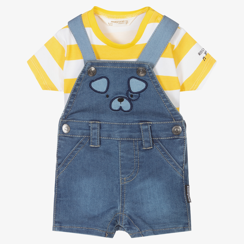 Mayoral Newborn - Blue Dungaree Shorts Baby Set | Childrensalon