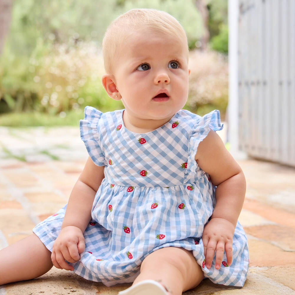 Mayoral Newborn-Blue Gingham & Fruits Dress | Childrensalon Outlet
