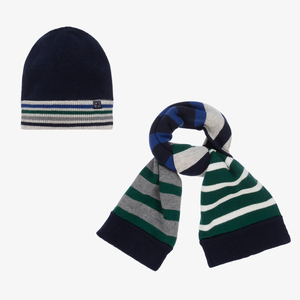 Mayoral - Ensemble bonnet bleu et vert en maille | Childrensalon