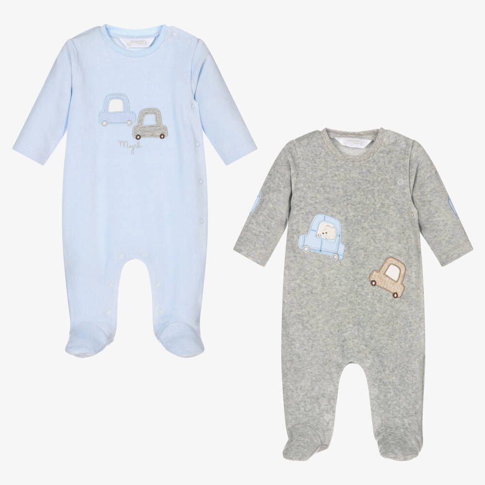 Mayoral Newborn - Blue & Grey Babysuits (2 Pack) | Childrensalon