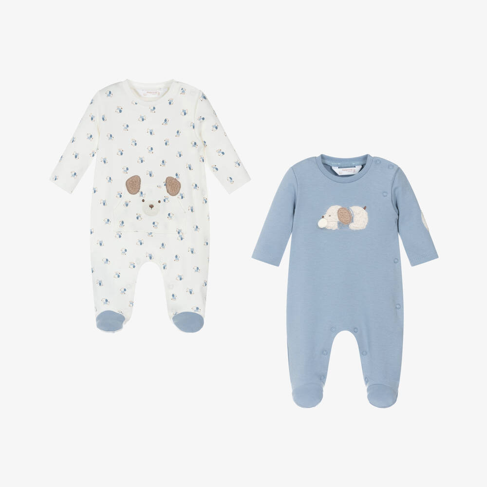 Mayoral Newborn-Blue & Ivory Cotton Babygrow (2 Pack) | Childrensalon Outlet
