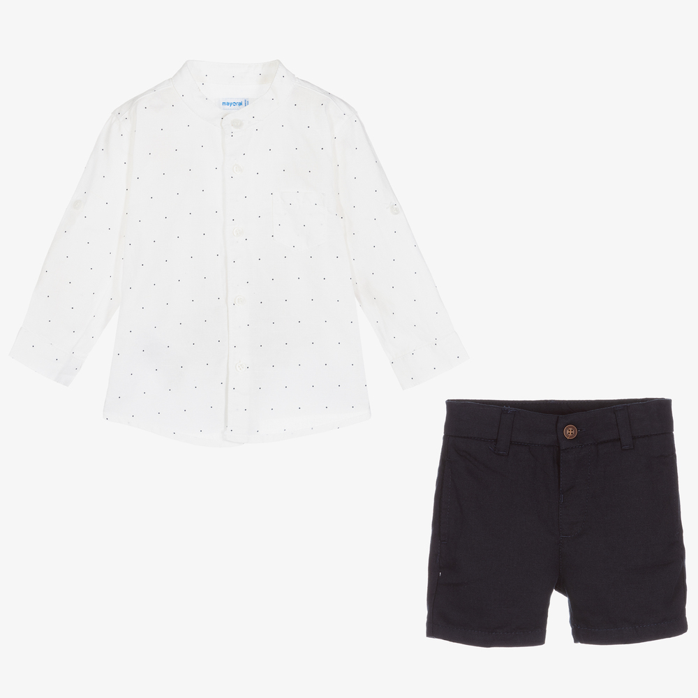 Mayoral-Кремовая рубашка и синие шорты из льна | Childrensalon Outlet