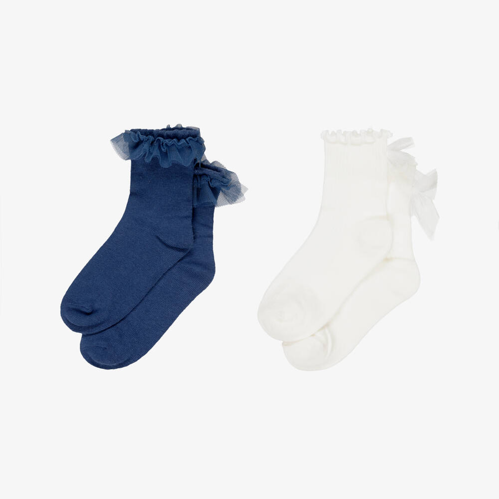Mayoral-Blue & Ivory Tulle Trim Socks | Childrensalon Outlet