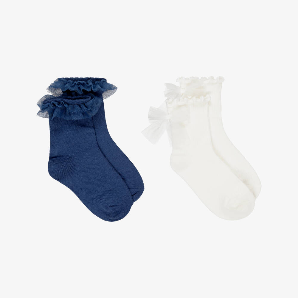 Mayoral-Blue & Ivory Tulle Trim Socks | Childrensalon Outlet