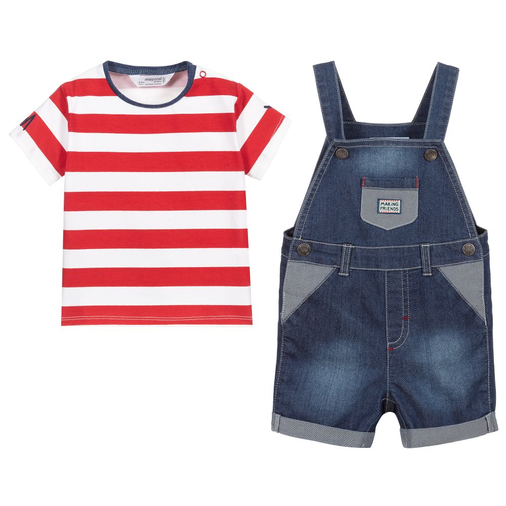 Mayoral Newborn-Blue Jersey Jean Dungaree Set | Childrensalon Outlet