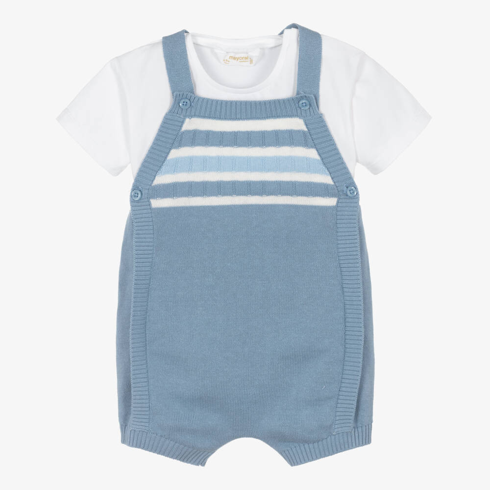 Mayoral Newborn-Blue Knit Dungaree Set | Childrensalon Outlet