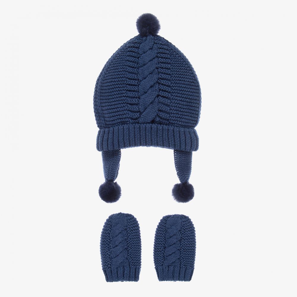 Mayoral Newborn - Трикотажная шапка и варежки синего цвета | Childrensalon
