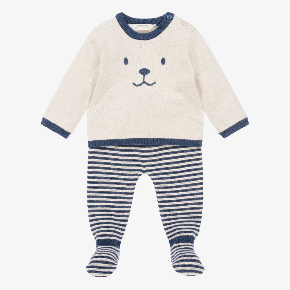 Mayoral Newborn - Blue Knitted 2 Piece Babygrow  | Childrensalon