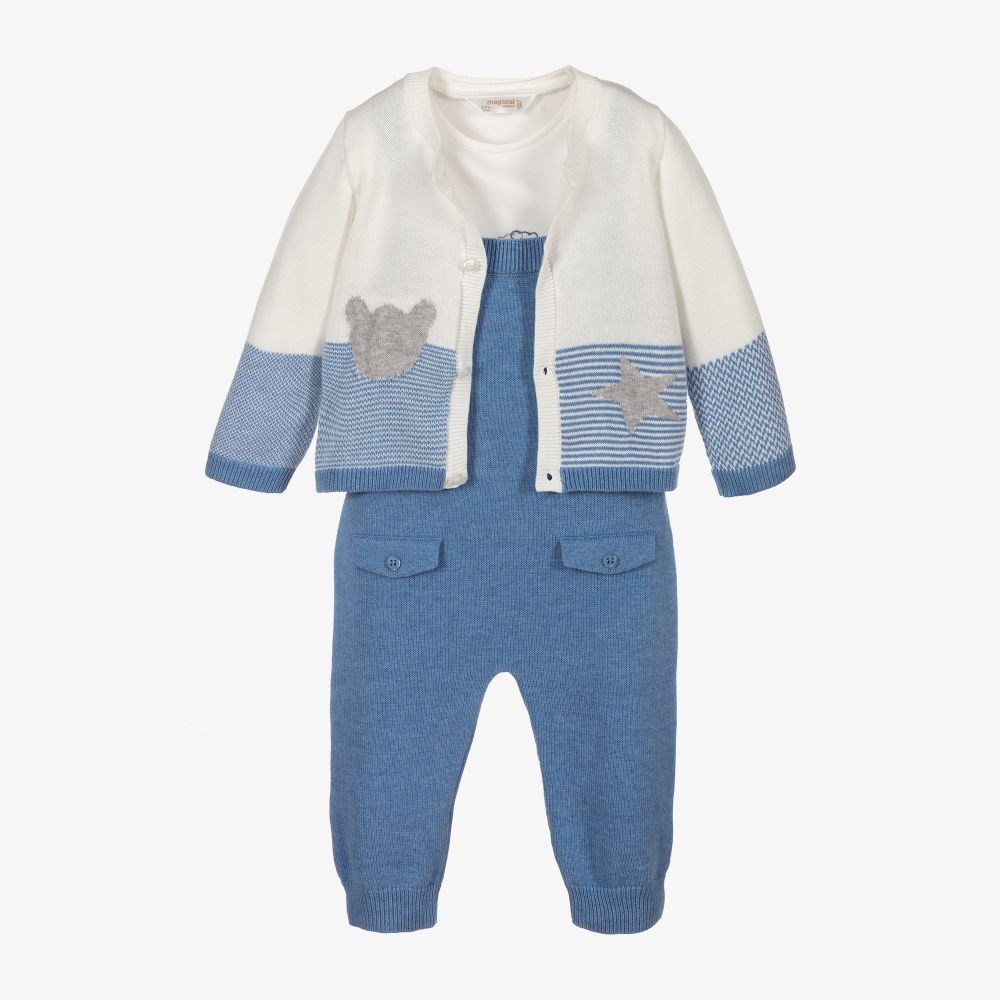Mayoral Newborn - Blue Knitted Dungaree Set | Childrensalon