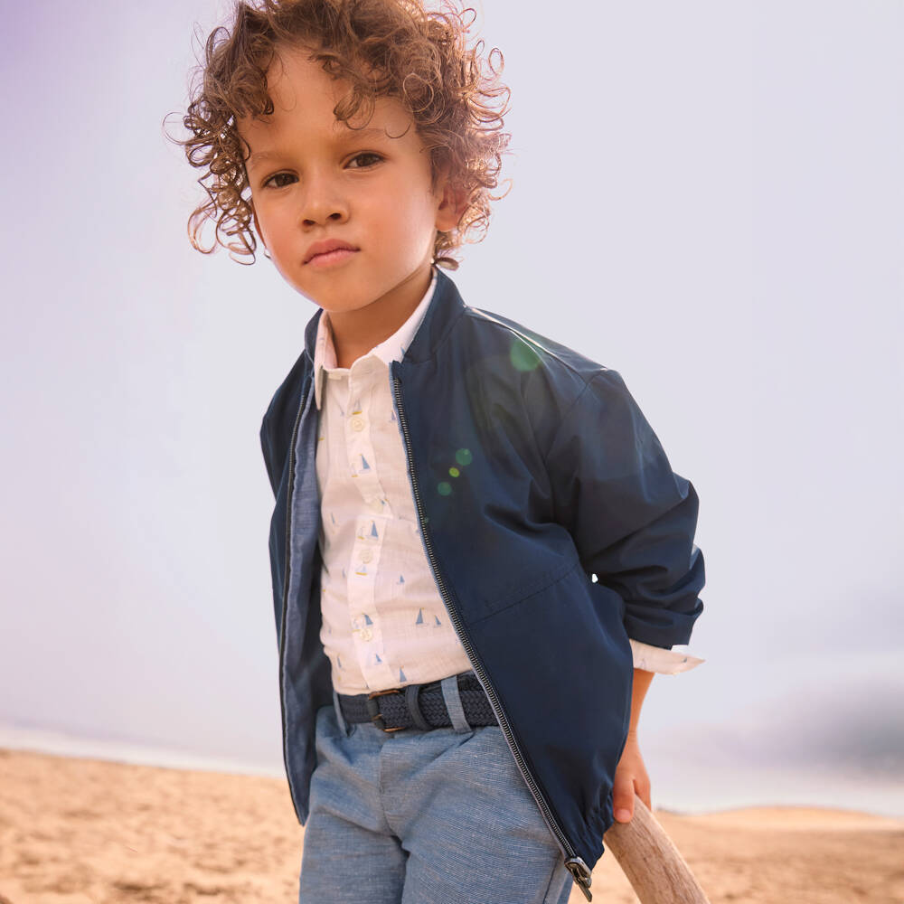 Mayoral-Blue Linen Reversible Short Jacket | Childrensalon Outlet