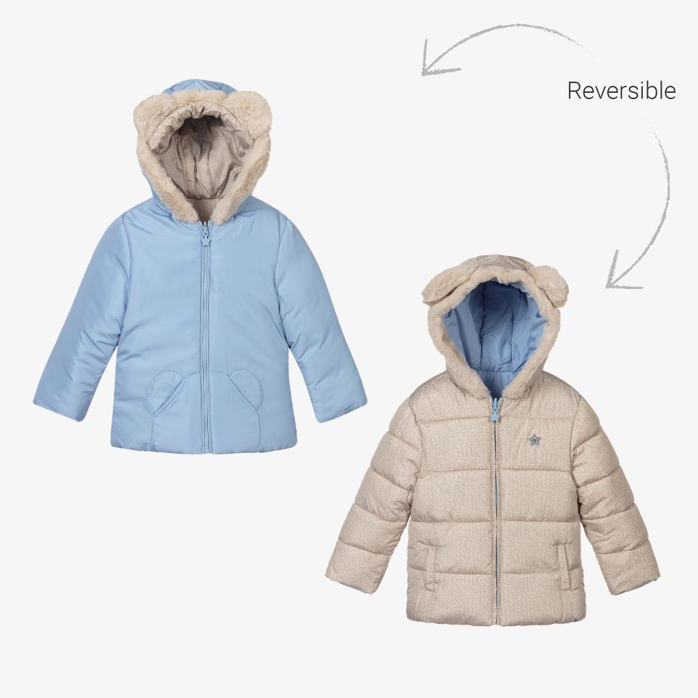 Mayoral Newborn - Blue Reversible Baby Coat  | Childrensalon