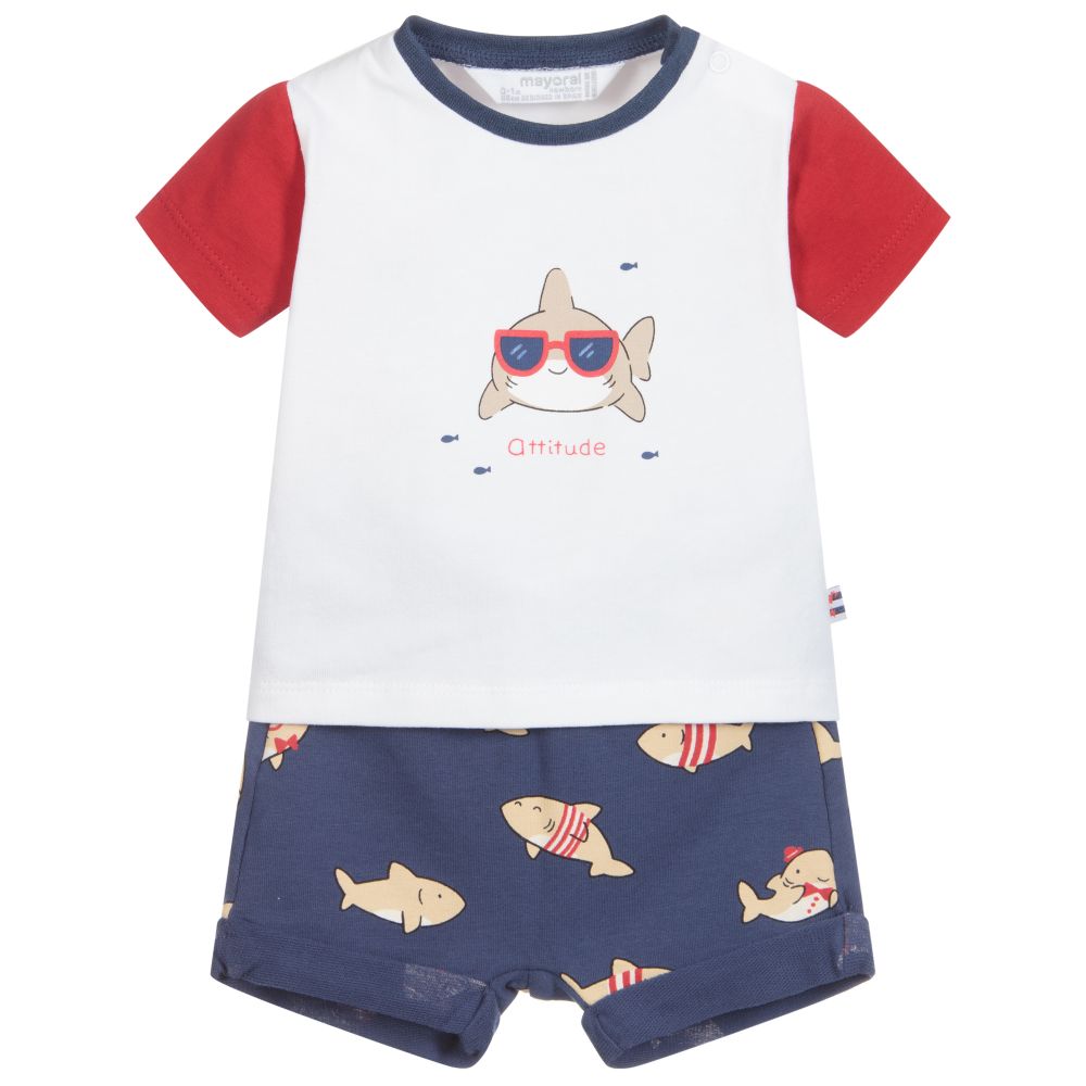 Mayoral Newborn - Комплект с синими шортами с акулами | Childrensalon