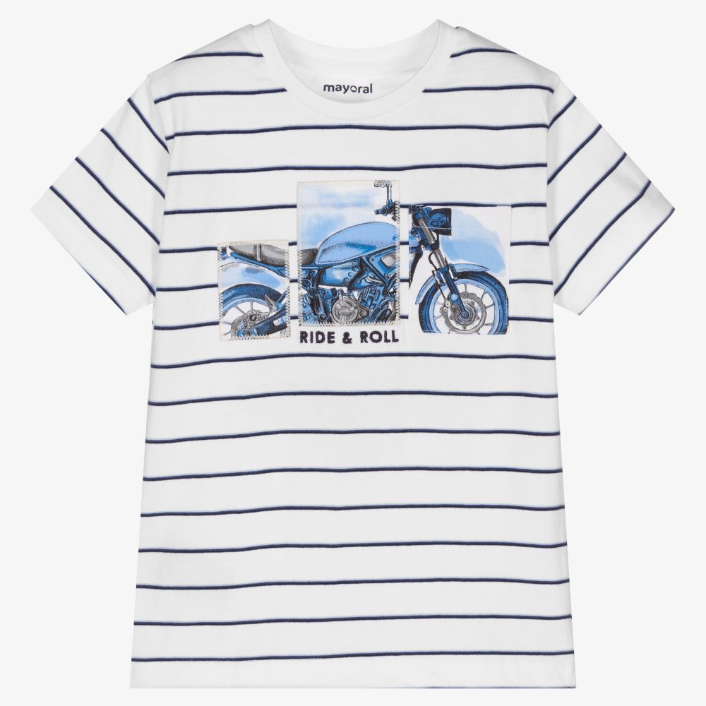Mayoral - Blau gestreiftes Motorrad-T-Shirt | Childrensalon