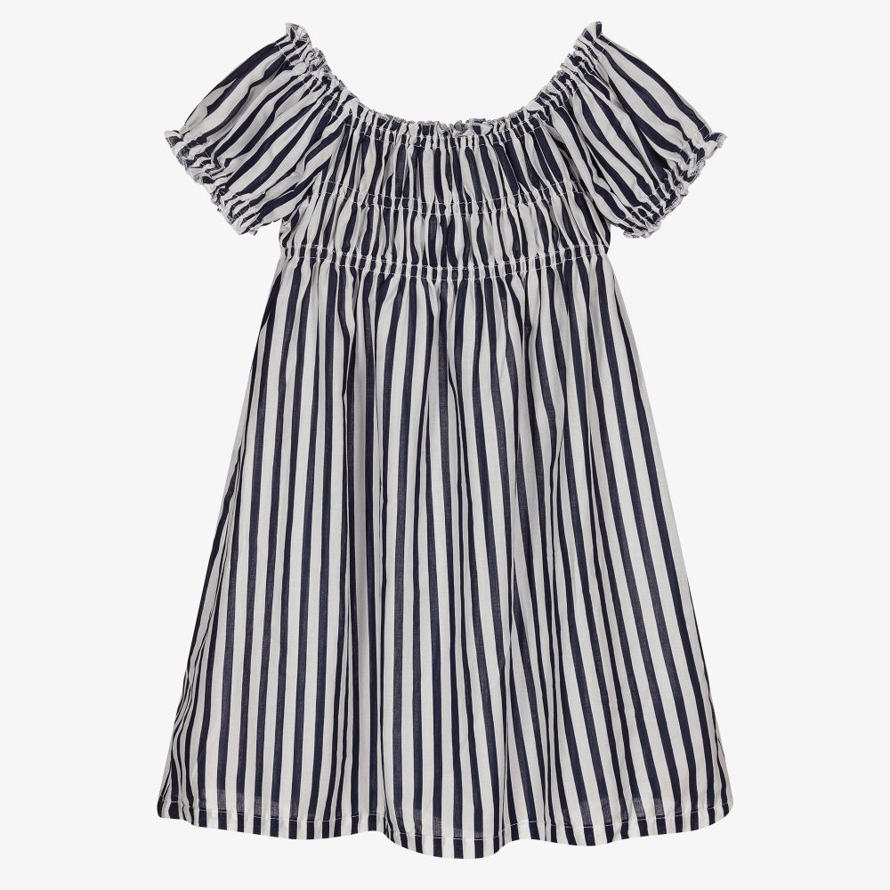 Mayoral-فستان قطن مقلم لون أزرق وأبيض | Childrensalon Outlet