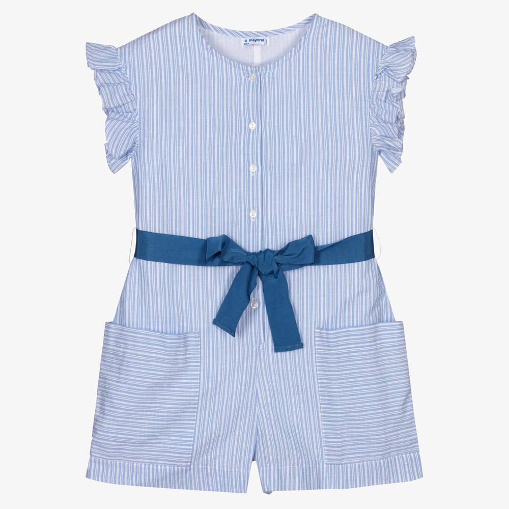 Mayoral - Combi-short bleue rayée en coton | Childrensalon