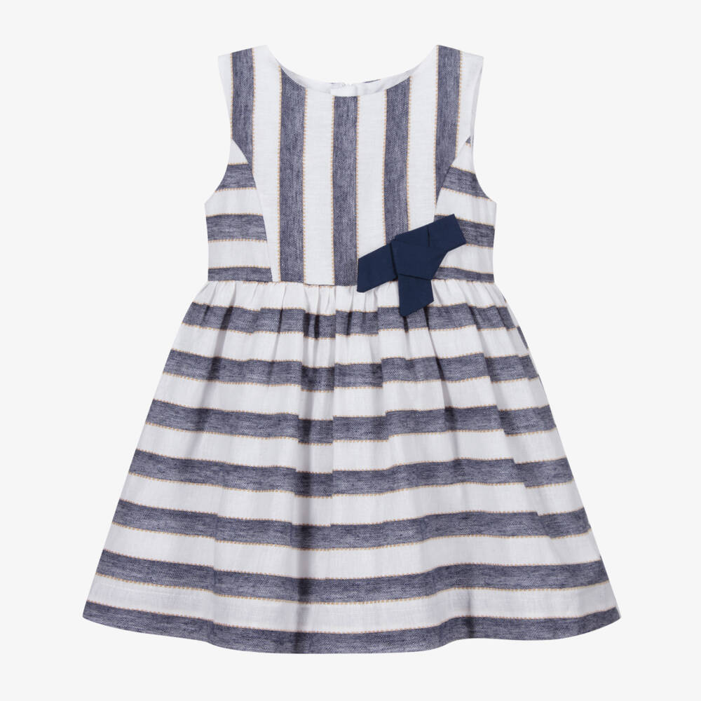 Mayoral-فستان كتّان وقطن مقلم لون كحلي وأبيض | Childrensalon Outlet