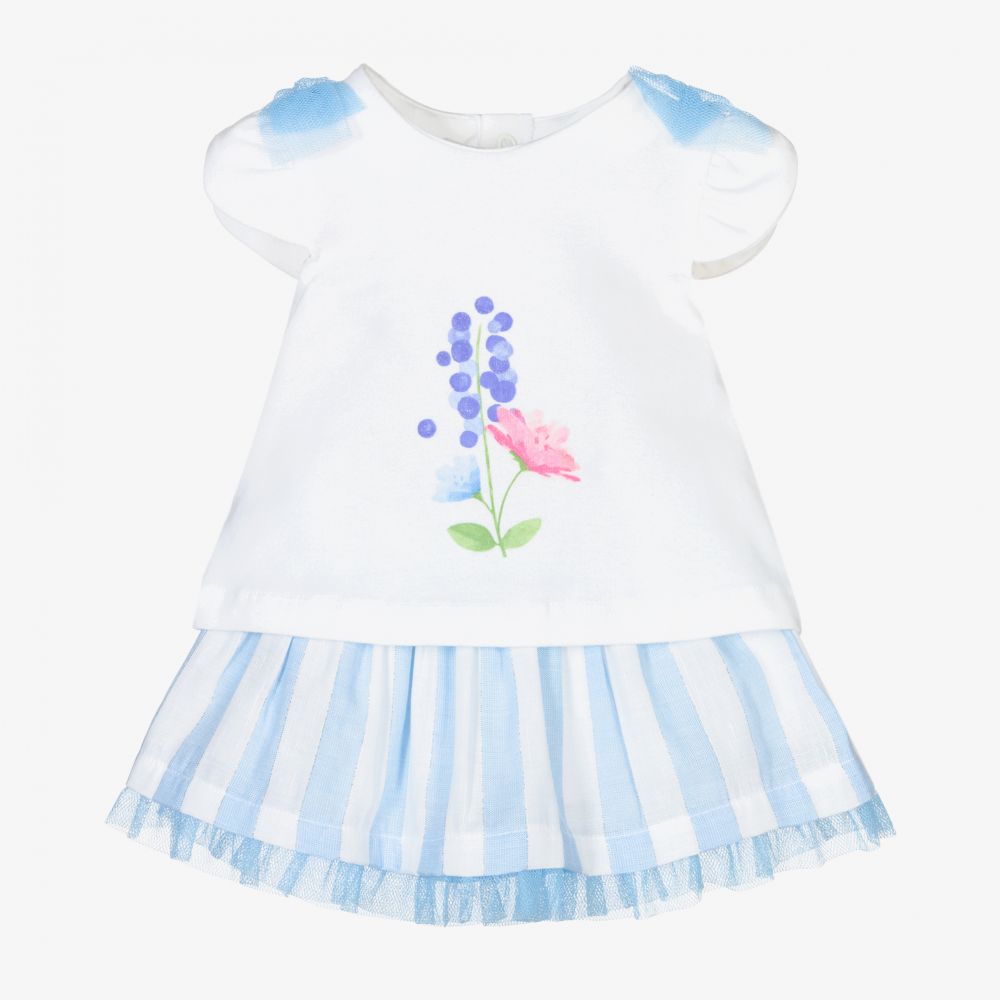 Mayoral Newborn - طقم تنورة قطن جيرسي لون أزرق وأبيض للمولودات | Childrensalon