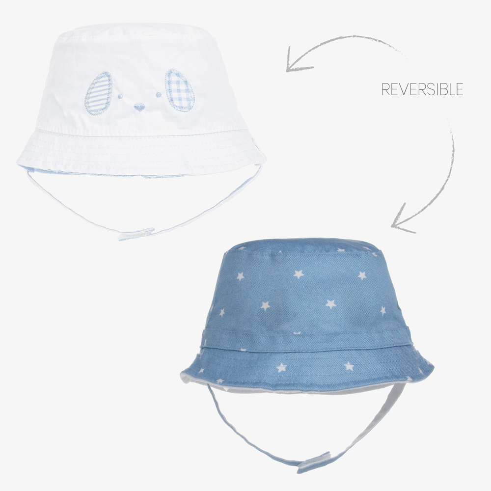 Mayoral Newborn - قبعة للشمس بوجهين مزيج قطن لون أزرق وأبيض للمواليد | Childrensalon