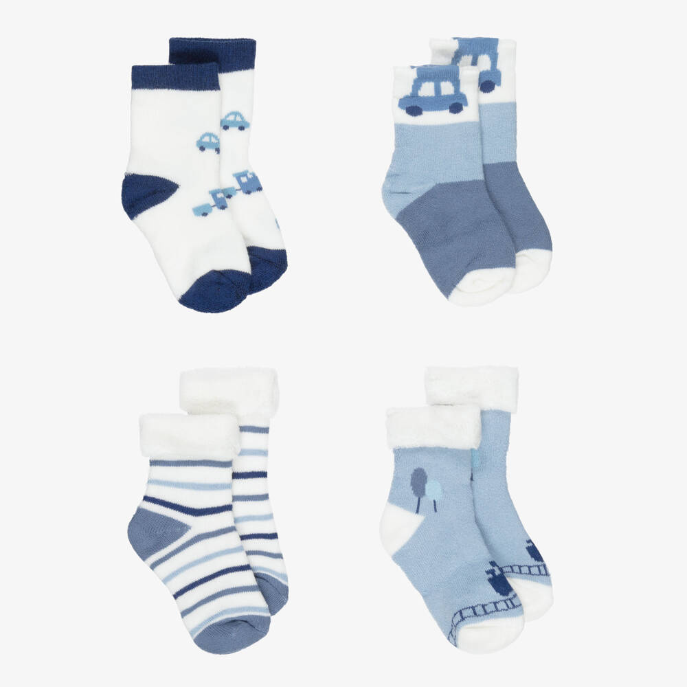 Mayoral Newborn-Blue & White Cotton Baby Socks (4 Pack) | Childrensalon Outlet