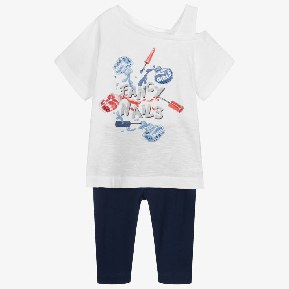 Mayoral-طقم ليغنغز قصير وتوب قطن جيرسي لون كحلي وأبيض | Childrensalon Outlet