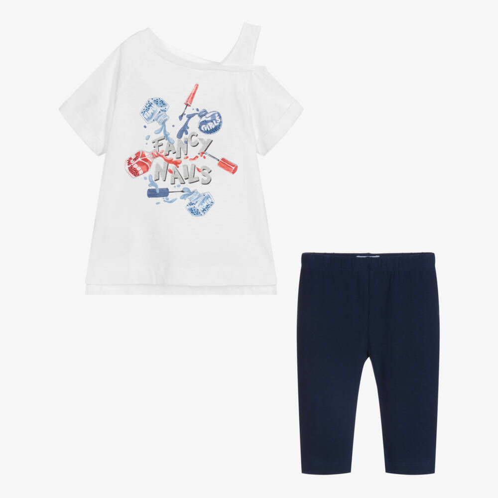 Mayoral-طقم ليغنغز قصير وتوب قطن جيرسي لون كحلي وأبيض | Childrensalon Outlet