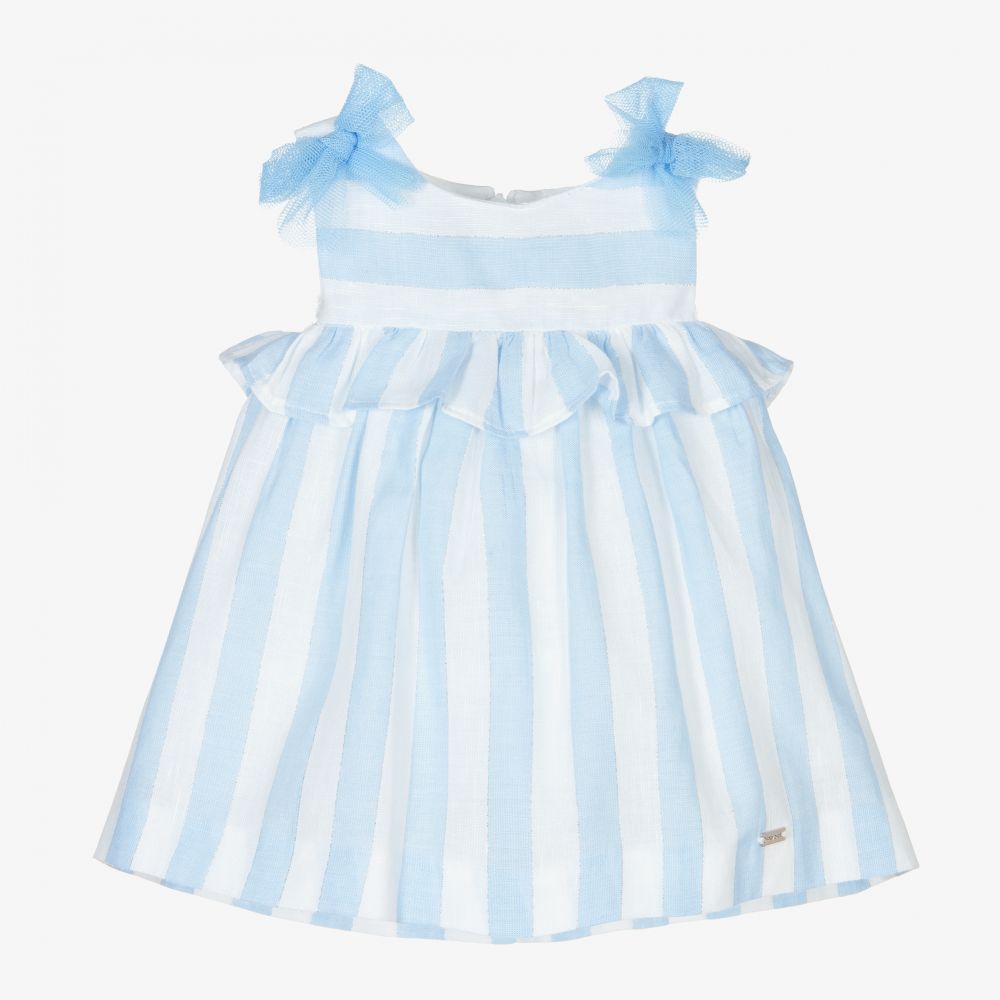 Mayoral Newborn - طقم فستان كتان ومزيج قطن مقلم لون أزرق وأبيض | Childrensalon