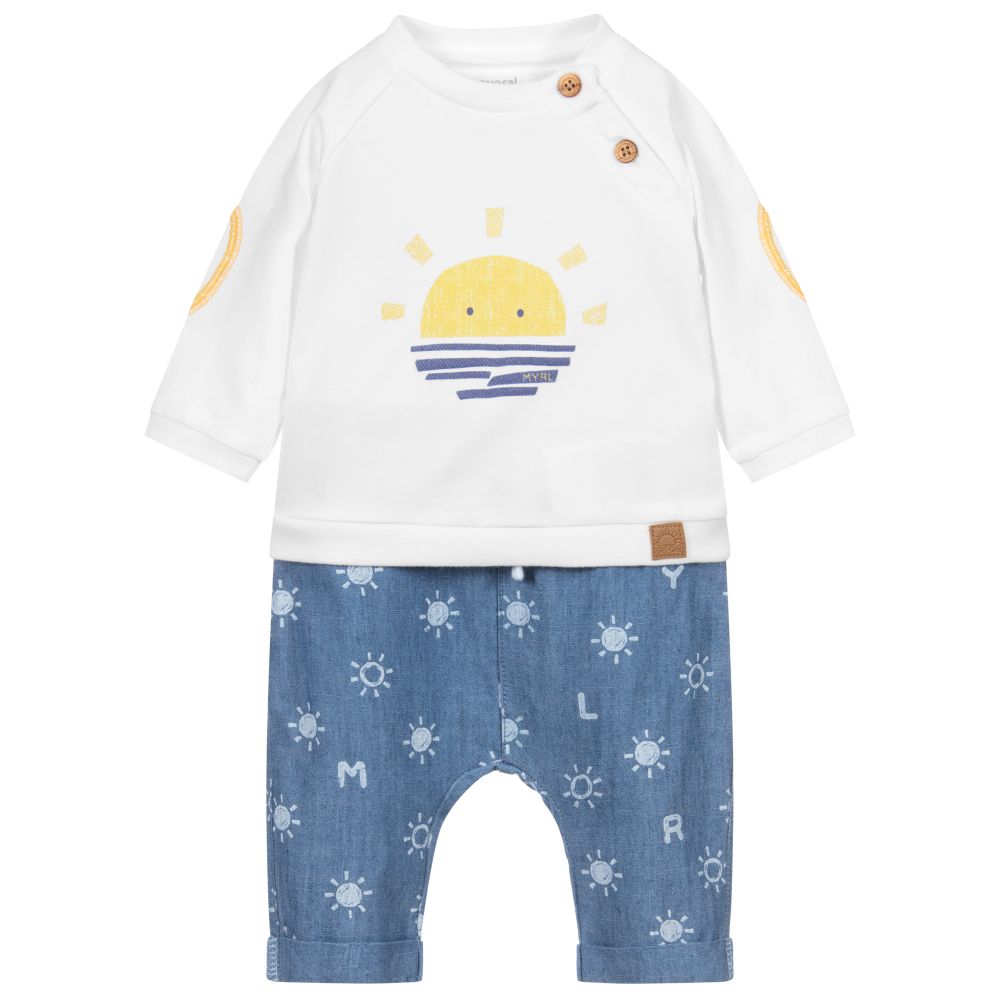 Mayoral Newborn-بنطلون شامبري وتوب قطن جيرسي لون أزرق وأبيض للمواليد | Childrensalon Outlet