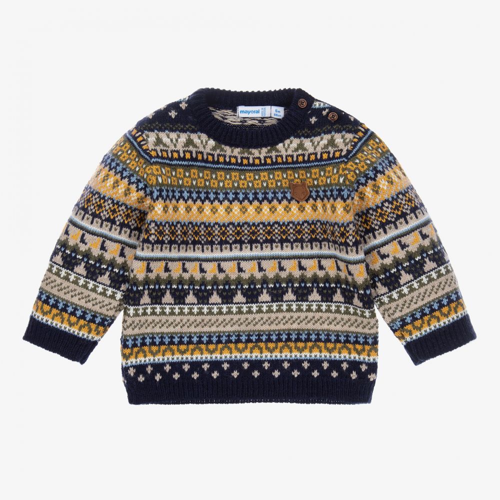 Mayoral - Pull bleu et jaune en maille | Childrensalon