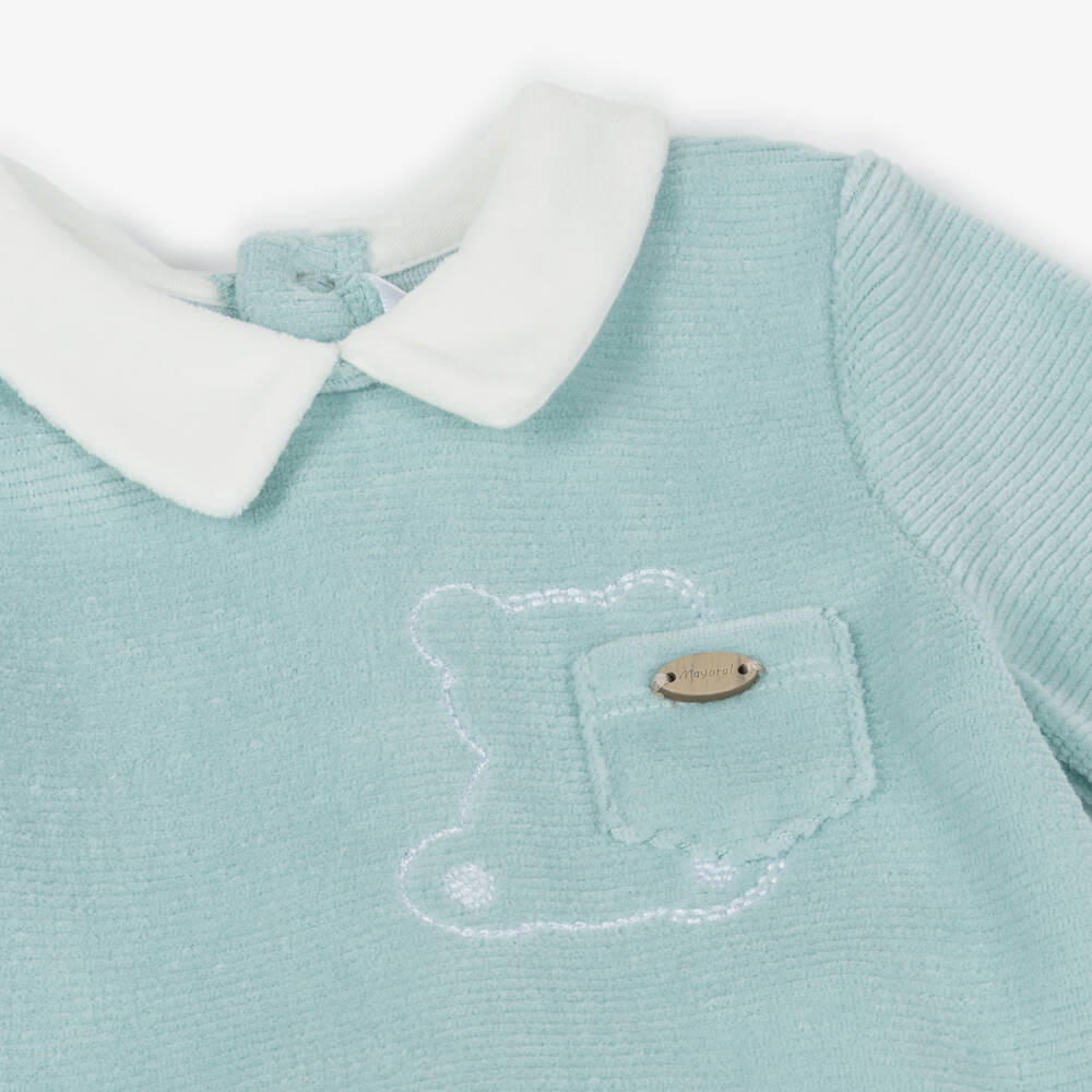 Mayoral Newborn-Boys Aqua Green Velour 2 Piece Babygrow | Childrensalon Outlet