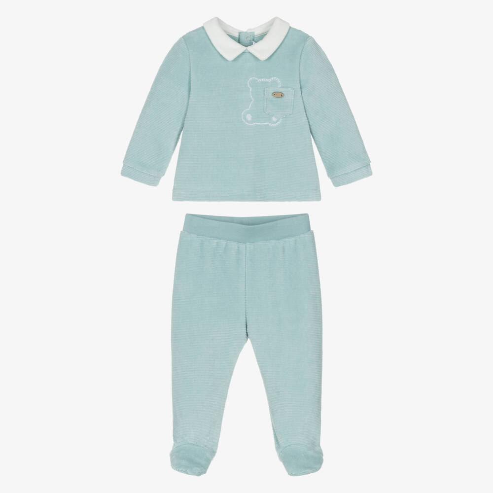 Mayoral Newborn-Boys Aqua Green Velour 2 Piece Babygrow | Childrensalon Outlet