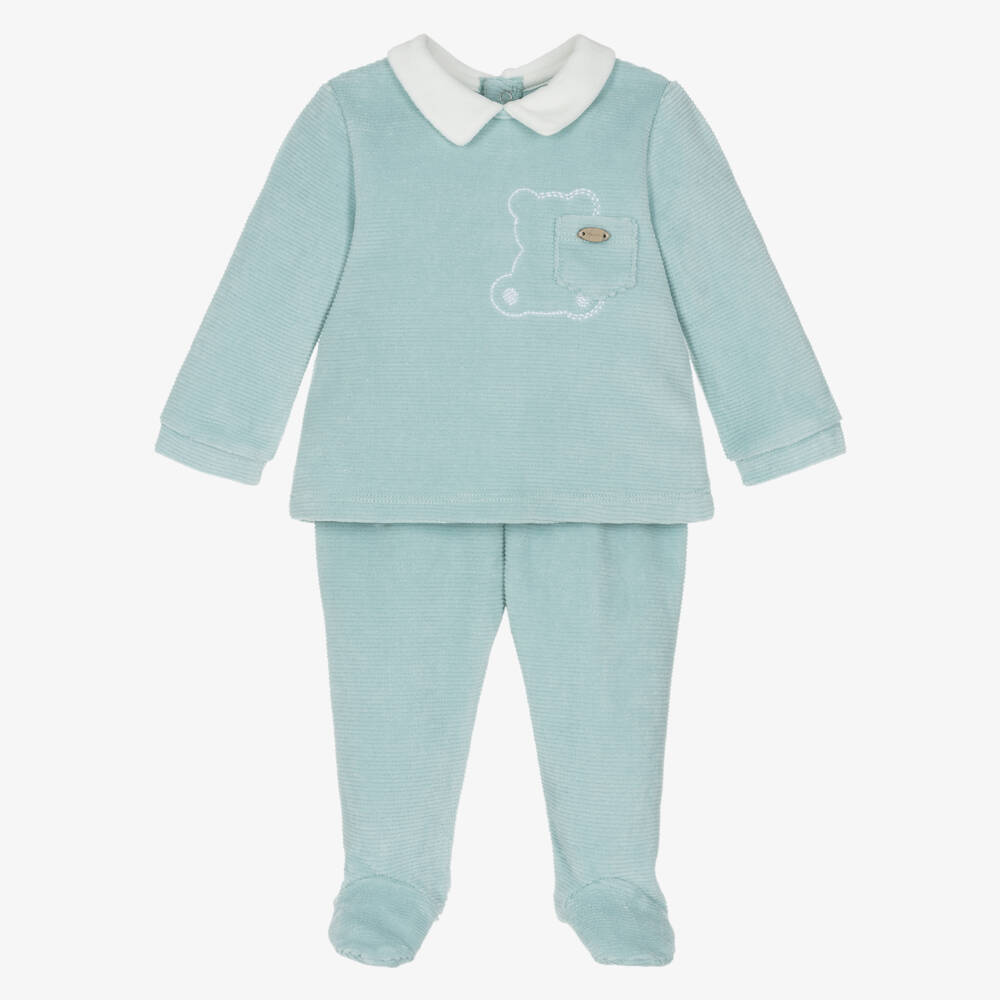 Mayoral Newborn-Boys Aqua Green Velour 2 Piece Babygrow | Childrensalon Outlet