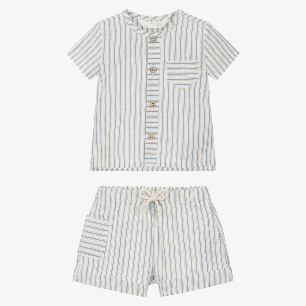 Mayoral Newborn-Boys Azure Stripe Linen Shorts Ensemble | Childrensalon Outlet