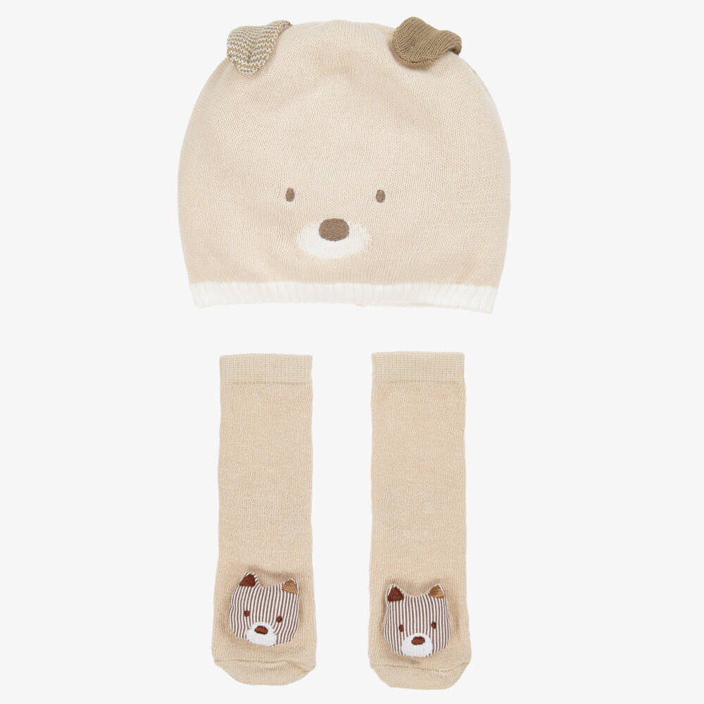 Mayoral Newborn-Boys Beige Bear Hat & Sock Set | Childrensalon Outlet