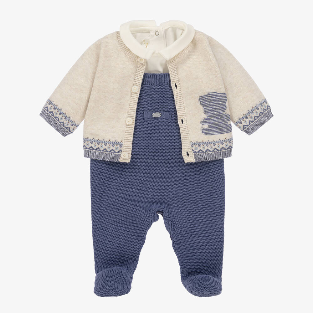 Mayoral - Boys Beige & Blue Knitted Babysuit Set | Childrensalon