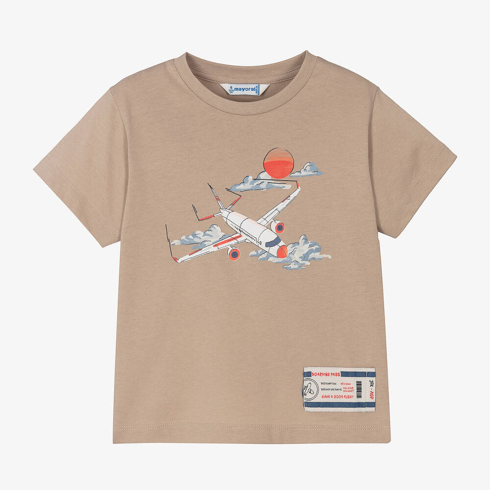 Mayoral-Boys Beige Cotton Aeroplane T-Shirt | Childrensalon Outlet
