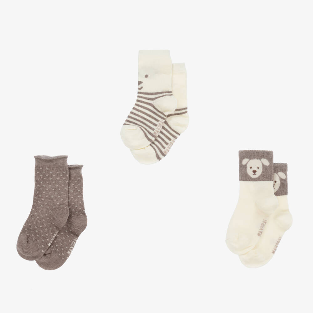 Mayoral-Boys Beige Cotton Bear Socks Trio | Childrensalon Outlet