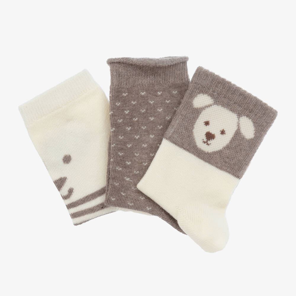 Mayoral-Boys Beige Cotton Bear Socks Trio | Childrensalon Outlet