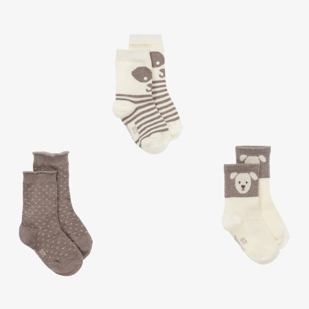 Mayoral-Boys Beige Cotton Bear Socks Trio | Childrensalon Outlet