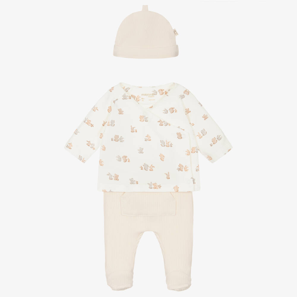 Mayoral Newborn-طقم أفارول وقبعة قطن لون بيج للأولاد الرضع | Childrensalon Outlet
