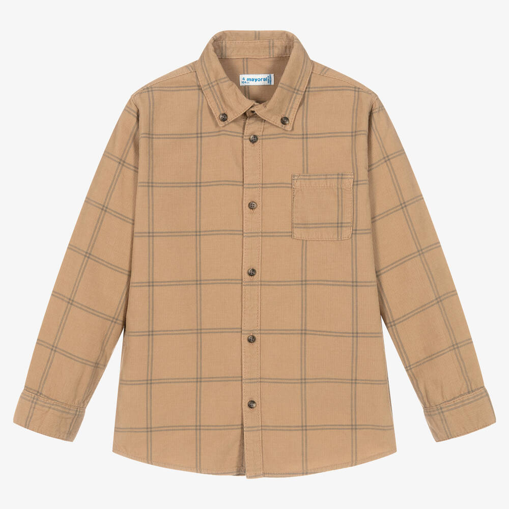 Mayoral - Boys Beige Cotton Check Shirt | Childrensalon