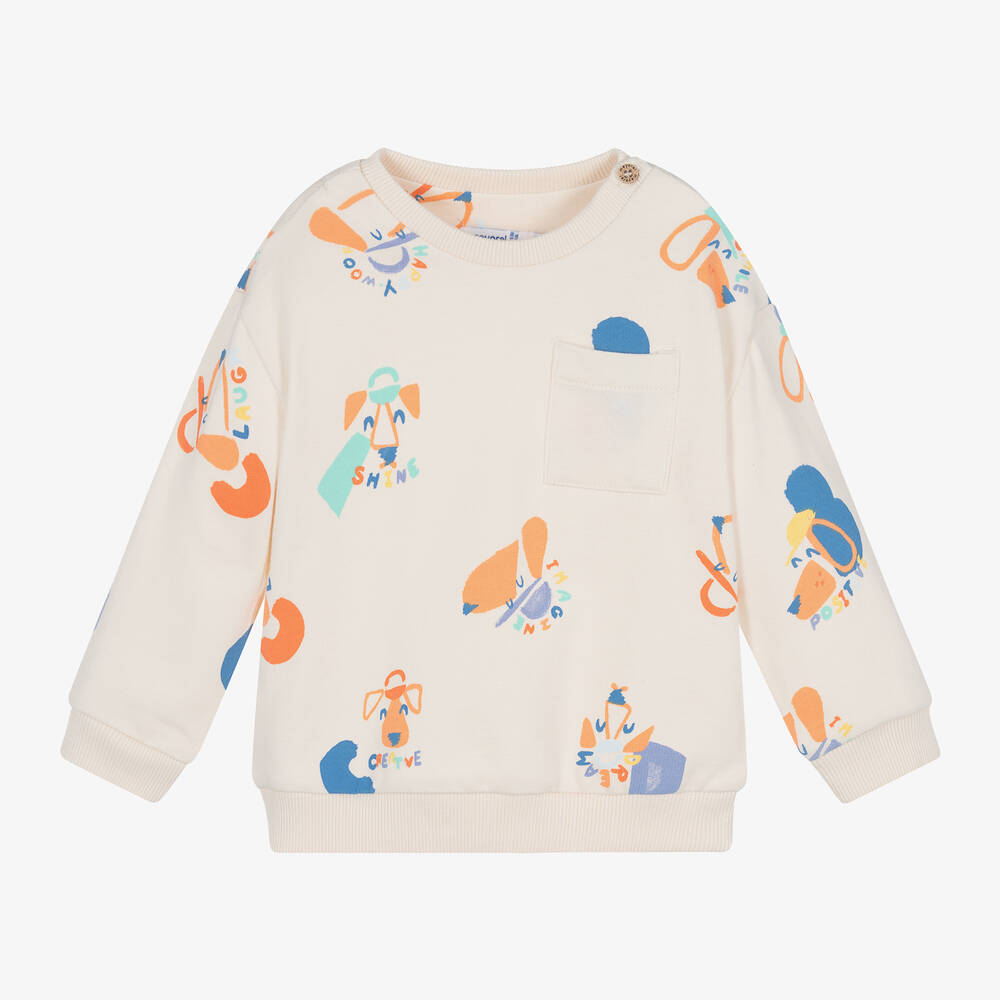 Mayoral Boys Beige Cotton Dog Print Sweatshirt Childrensalon Outlet