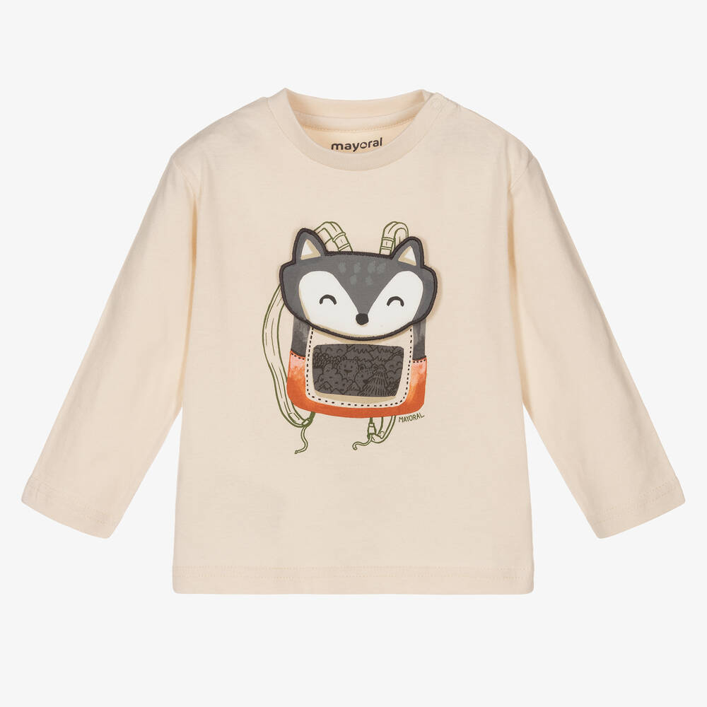 Mayoral - Boys Beige Cotton Fox Top | Childrensalon