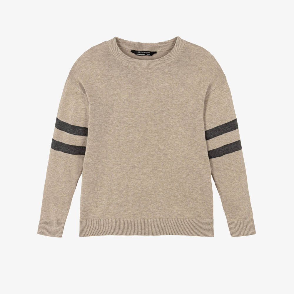 Mayoral Нукутаваке-Boys Beige Cotton Knit Sweater with Striped Sleeves | Childrensalon Outlet