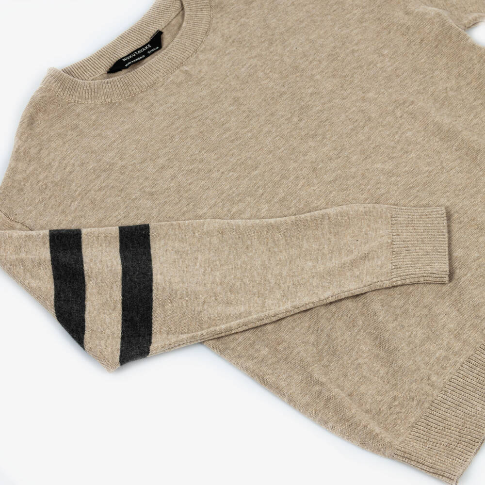 Mayoral Нукутаваке-Boys Beige Cotton Knit Sweater with Striped Sleeves | Childrensalon Outlet