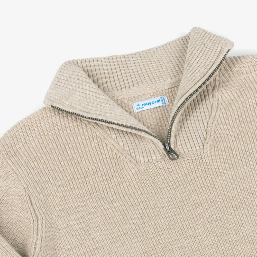 Mayoral-Boys Beige Cotton Quarter-Zip Sweater | Childrensalon Outlet