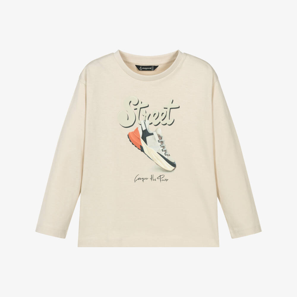 Mayoral-Футболка с графикой кроссовок из бежевого хлопка для мальчиков | Childrensalon Outlet
