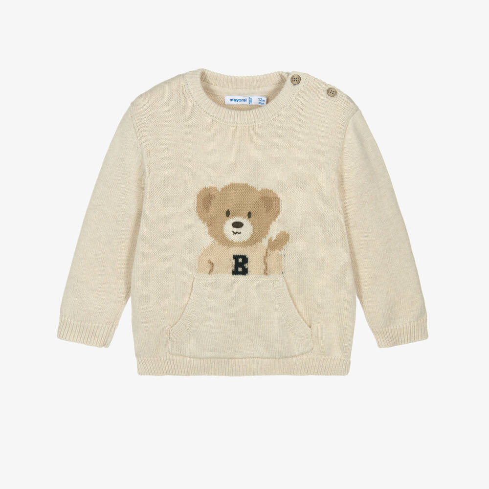 Mayoral-Boys Beige Cotton & Wool Bear Sweater with Pouch Pocket | Childrensalon Outlet