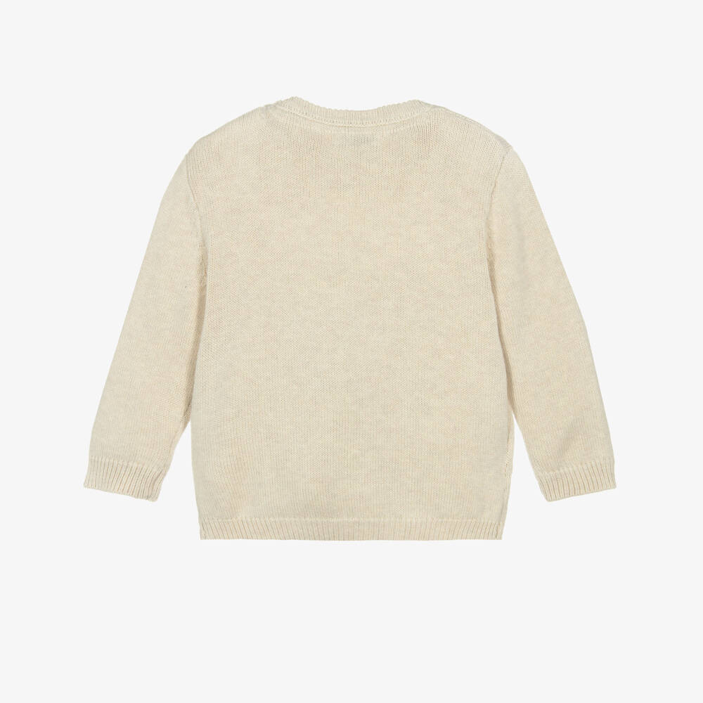 Mayoral-Boys Beige Cotton & Wool Bear Sweater with Pouch Pocket | Childrensalon Outlet